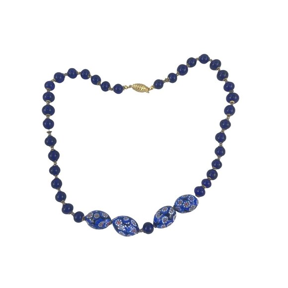 Vintage Blue Italian Millifore Bead Necklace With Floral Accents & Gold Clasp - Picture 9 of 11